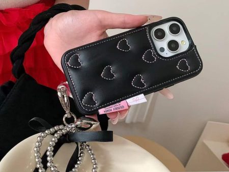 Leather Embossed  Heart Pattern Case For iPhone With Bow Charm Online Sale