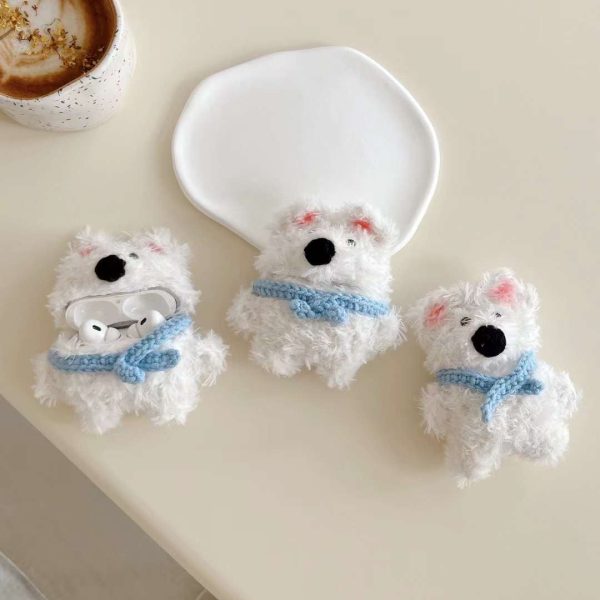 Cute White Puppy With Scarf Plush Airpod Case For Sale