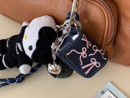 Bow Embroided Denim Airpod Case With Cute Kitty Charms on Sale