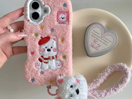 Warm Plush Embroidery Puppy iPhone Case With puppu String Holder Online