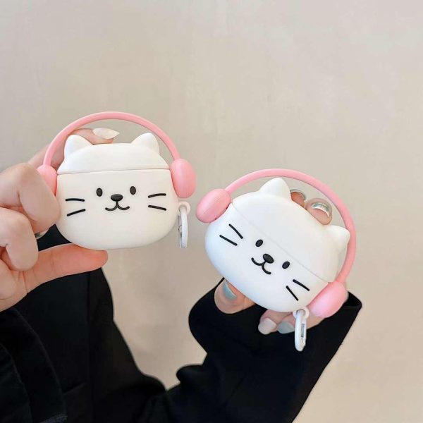 Cute Cat Design With Headphone Silicon Aipod Case Discount